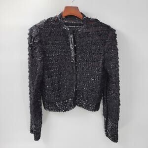 VTG Harry Acton Evening Jacket Womens 8 Black Sequin Lace Satin Ruffles Party